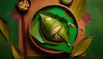 zongzi ris klimp för kinesisk traditionell drake båt festival Duanwu festival. ai genererad. foto