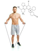 atletisk attraktiv man Hoppar med de kemisk formel på bakgrund - begrepp av friska liv foto