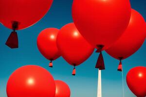upp upp och bort en fantastisk Foto av röd ballonger stigande hög. ai genererad.