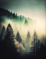 dimmig landskap med gran skog, skapas med generativ ai foto