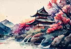 gammal Asien målad i vattenfärg. japansk arkitektur av de 19:e århundrade. ai genererad foto