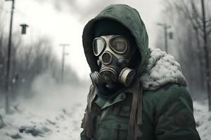 ai genererad kärn vinter- efter atom- bomba blåsa. natur värld katastrof. man i gas mask. biologisk fara. barn lida foto