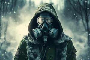 ai genererad kärn vinter- efter atom- bomba blåsa. natur värld katastrof. man i gas mask. biologisk fara. barn lida foto