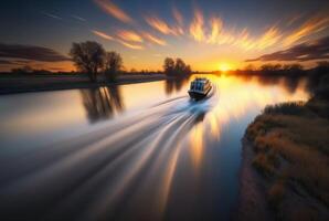 landskap se av fartyg på flod och solnedgång, generativ ai foto