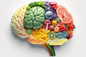 mänsklig hjärna tillverkad av frukt och grönsaker isolerat på vit bakgrund. begrepp av näringsrik livsmedel för hjärna hälsa och minne. generativ ai foto