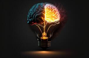 glödlampa och mänsklig hjärna med inuti en glödlampa är en lysande mänsklig hjärna mot en mörk bakgrund. generativ ai foto