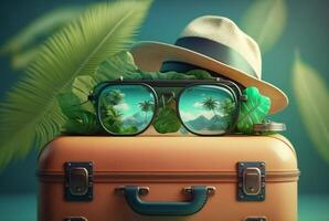 bagage väska med hatt och glasögon för resa med strand bakgrund. sommar Foto begrepp. generativ ai