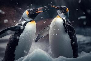 pingviner spelar i de snö. generativ ai foto