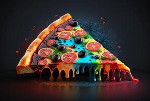 skiva av utsökt pizza på mörk bakgrund. generativ ai foto