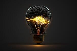 glödlampa och mänsklig hjärna med inuti en glödlampa är en lysande mänsklig hjärna mot en mörk bakgrund. generativ ai foto