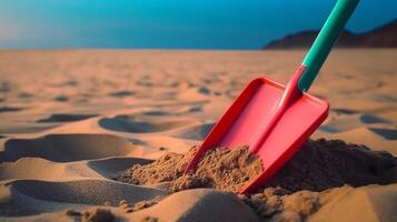 leksak spade på de strand. sommar på de hav. framställning sand slott. ai genererad.. foto