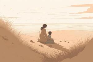 mors dag illustration med en minimalistisk stil den där ställer ut en mor och barn njuter en fredlig dag på de strand. mjuk, dämpad toner. generativ ai foto