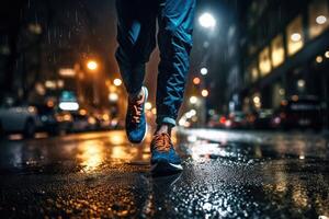 Foto av ett idrottare joggning i främre av bokeh lampor på natt i de stad. generativ ai