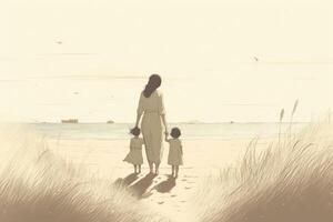 mors dag illustration med en minimalistisk stil den där ställer ut en mor och barn njuter en fredlig dag på de strand. mjuk, dämpad toner. generativ ai foto