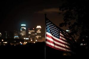 Foto av amerikan flagga i främre av bokeh effekt av stadsbild i bakgrund. generativ ai