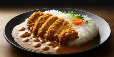 de japansk curry ris med friterad fläsk med ai genererad. foto