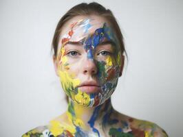 en kvinna med ansikte måla skapas med generativ ai teknologi foto
