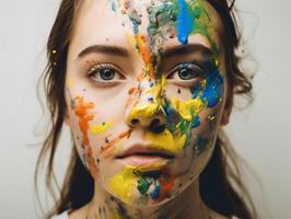 en kvinna med ansikte måla skapas med generativ ai teknologi foto