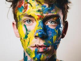 en man målarfärger hans ansikte skapas med ai genererad foto