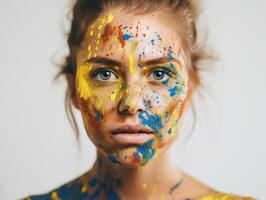 en kvinna målarfärger henne ansikte skapas med ai genererad foto