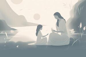 minimalistisk mors dag illustration den där skildrar en mor och barn i en fredlig inomhus- miljö. mjuk, dämpad toner. generativ ai foto
