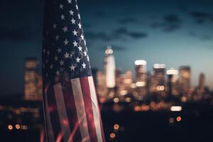 Foto av amerikan flagga i främre av bokeh effekt av stadsbild i bakgrund. generativ ai