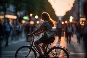 Foto av en person ridning en cykel i de stad folkmassan under de lampor på natt i de stad, och bland de folkmassor av människor. generativ ai.