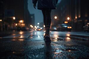 Foto av ett idrottare joggning i främre av bokeh lampor på natt i de stad. generativ ai