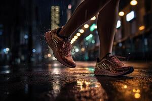 Foto av ett idrottare joggning i främre av bokeh lampor på natt i de stad. generativ ai