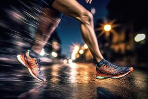 Foto av ett idrottare joggning i främre av bokeh lampor på natt i de stad. generativ ai