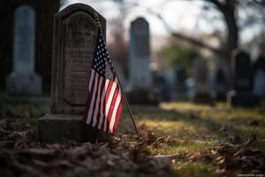 minnesmärke dag Foto med amerikan flaggor i de kyrkogård. generativ ai