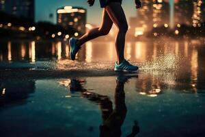 Foto av ett idrottare joggning i främre av bokeh lampor på natt i de stad. generativ ai