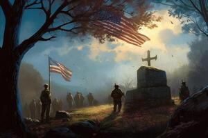 minnesmärke dag illustration. design med amerikan flaggor, soldater och gravstenar med generativ ai foto