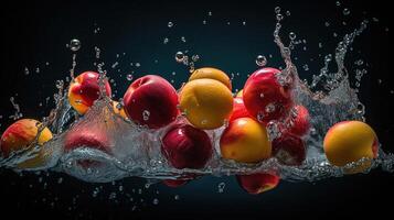 färsk mång frukt stänk in i klar vatten stänk friska mat diet friskhet, generativ ai foto
