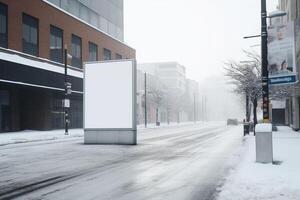 ai generativ en tom vit anslagstavla attrapp på en trottoar i en stad foto