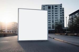 ai generativ en tom vit anslagstavla attrapp på en trottoar i en stad foto