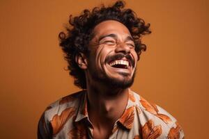 ai generativ en man på fast Färg bakgrund fotografering med skratt ansikte experession foto