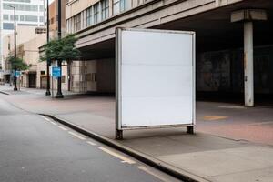 ai generativ en tom vit anslagstavla attrapp på en trottoar i en stad foto