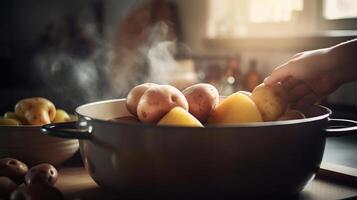 kvinna tillsats potatis till matlagning pott i kök, generativ ai foto