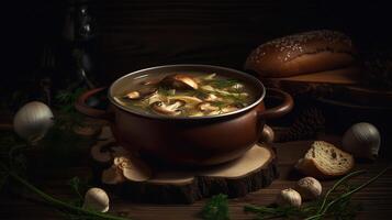 utsökt varm porcini soppa i koppar panorera. gott säsong- höst måltid. färsk mashrooms illustrera Ingredienser. begrepp av hemlagad ryska mat. generativ ai foto