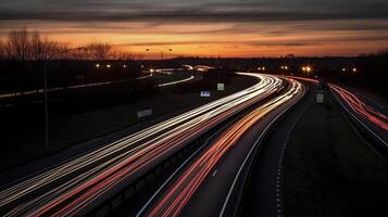 lång exponering Foto av trafik på de flytta på skymning på de m40 motorväg i England, generativ ai