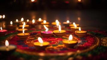 diwali firande - diya olja lampor belyst på färgrik rangoli, generativ ai foto