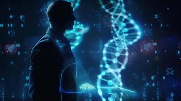 medicin läkare innehav blå helix dna strukturera på hologram modern virtuell skärm gränssnitt och diagnostisera sjukvård på digital nätverk, vetenskap, medicinsk teknologi, generativ ai foto