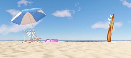 parasoll med hängmatta och surfingbräda på stranden, 3d framför foto