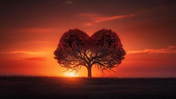 hjärta träd - kärlek för natur - röd landskap på solnedgång, generativ ai foto