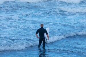 surfare få redo till stiga på de vatten och gående med de styrelse längs de Strand. foto
