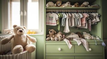 bebis kläder och skallra på trä- bröst av lådor i barn s rum, generativ ai foto