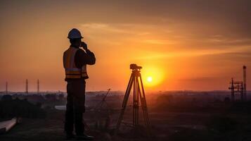 silhuett ingenjör stående order för konstruktion besättningar till arbete på hög jord tung industri och säkerhet begrepp över suddig naturlig bakgrund solnedgång pastell, generativ ai foto