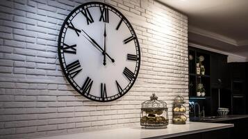 design till din kök - en stor klocka på en vit tegel vägg, generativ ai foto