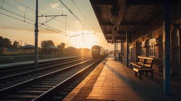 tåg sluta på järnväg station med solnedgång, generativ ai foto